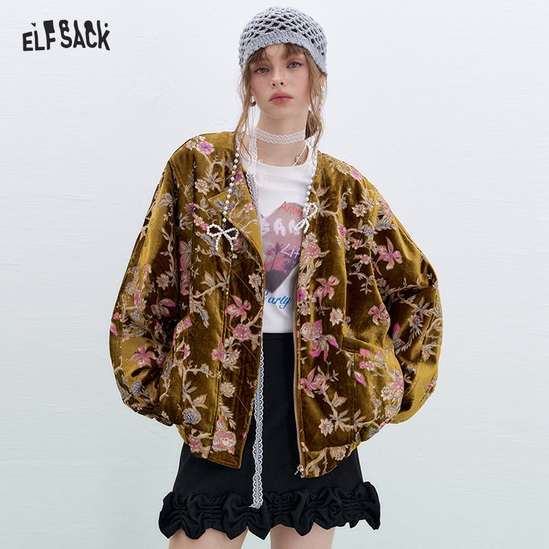 Velvet Blazer Vintage - سترة ELFSACK المخملية الذهبية للنساء، معطف