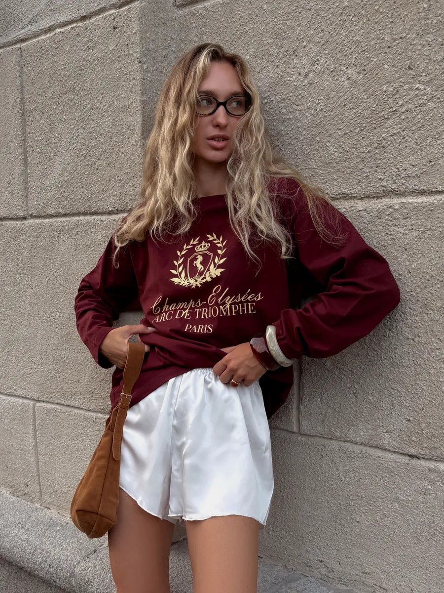 Vintage Fashion Old Money - سويت شيرت فرنسي بلون النبيذ الأحمر