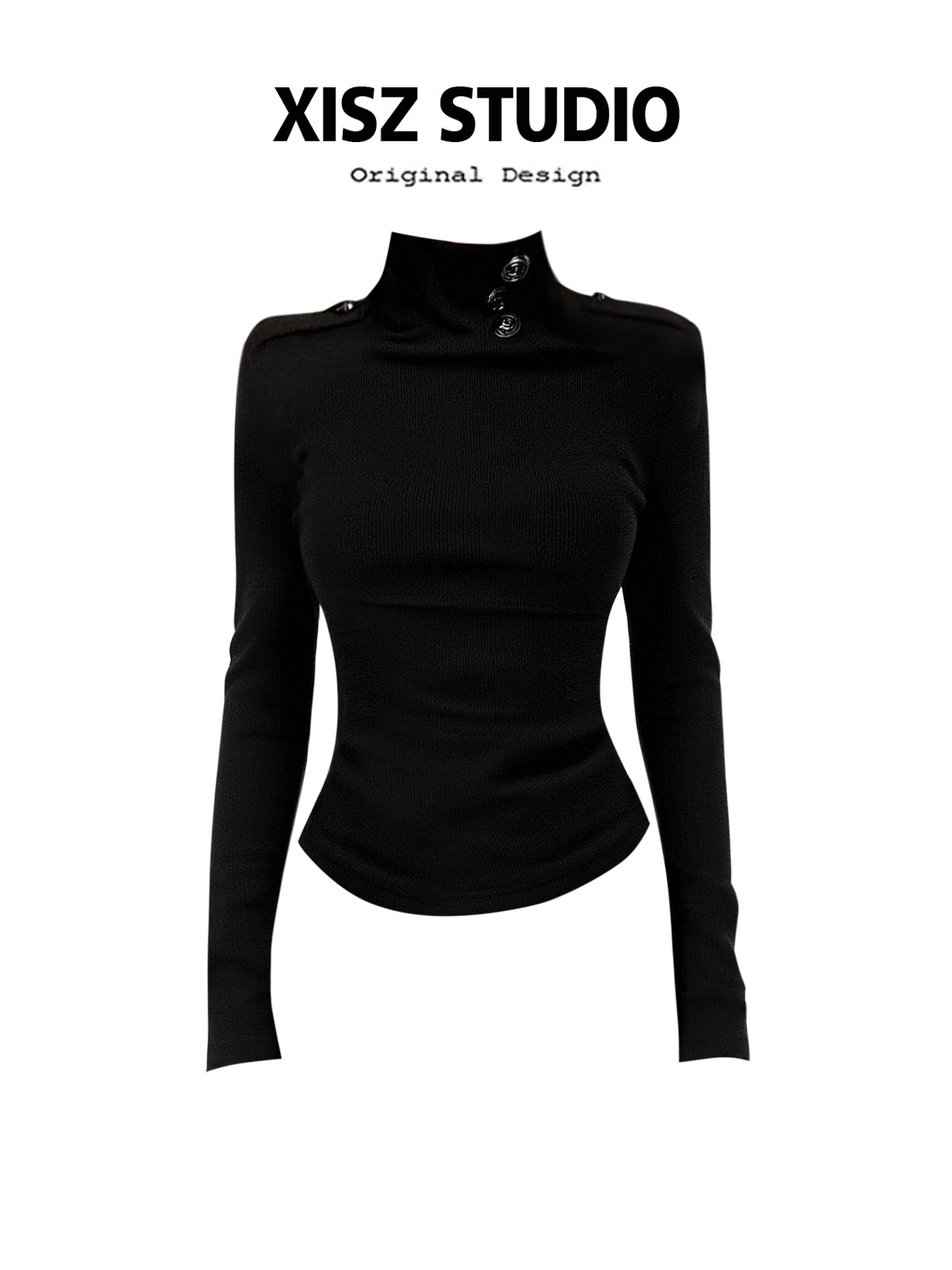 Turtleneck Knit 90S - تي شيرت نسائي أسود بأسلوب القوطيك،