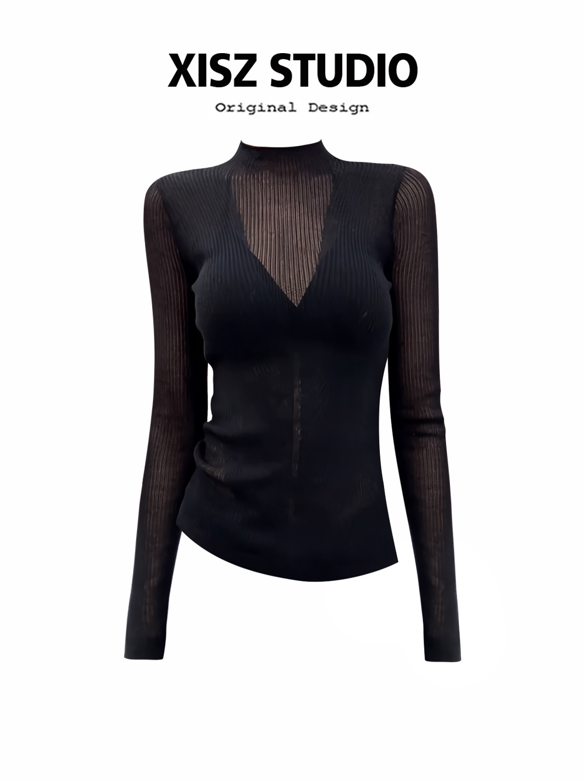 Turtleneck Knit 90S - تي شيرت نسائي أسود بتصميم قوطي،